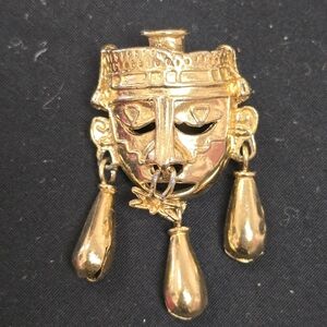 Gold Gilded Tribal Mask Brooch Incan Aztec Museum of Fine Arts Tiki Idol Vtg Pin